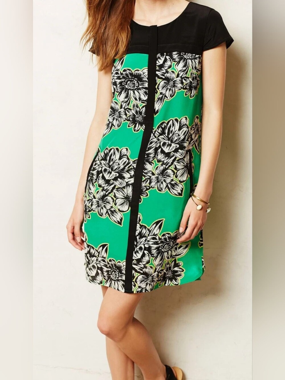 Anthropologie Maeve Ayame Silk Shift Mini Dress Green Black White Floral Size 6